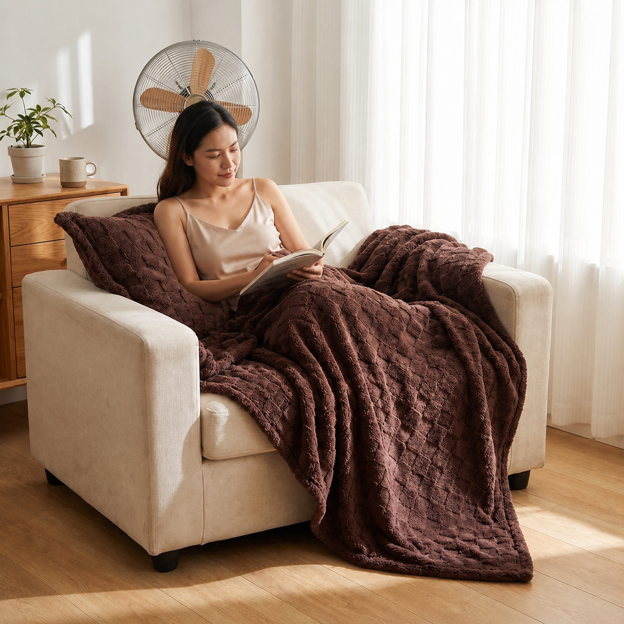 A relaxed customer enjoying a Socone blanket at home